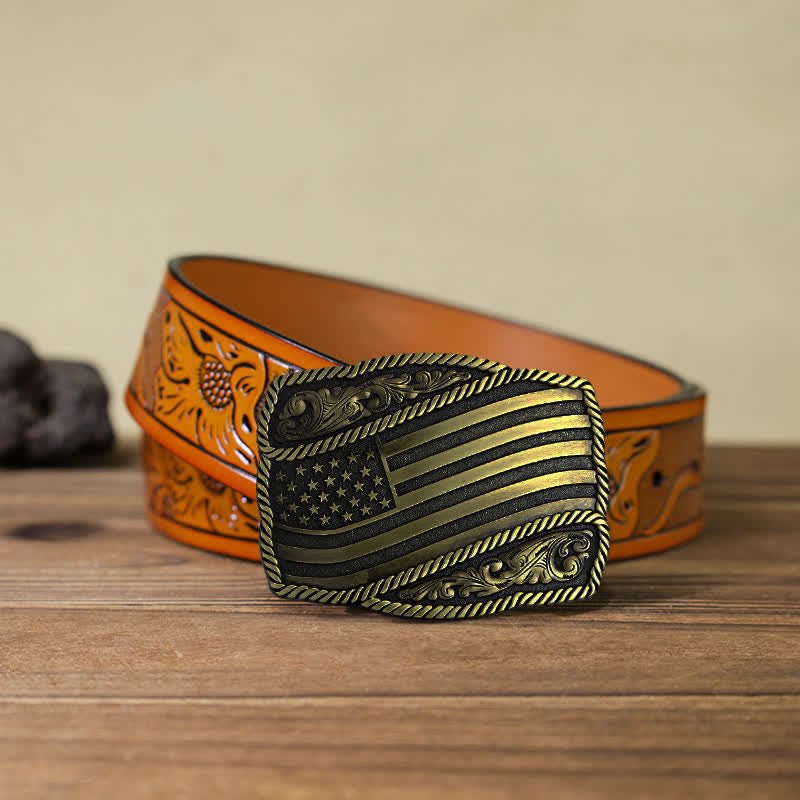 Men's DIY American Flag Antique Buckle Leather Belt