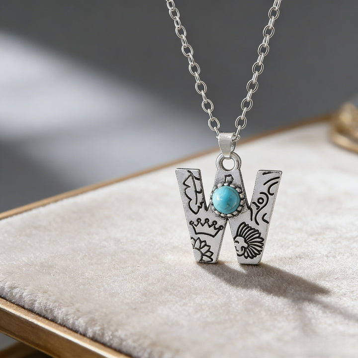 Vintage Initial Letter Turquoise Charm Necklace - W - image 27