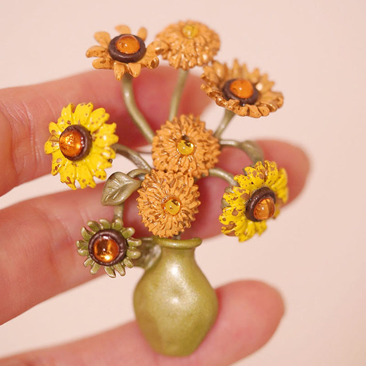 Women's Enamel Sunflower Vase Brooch