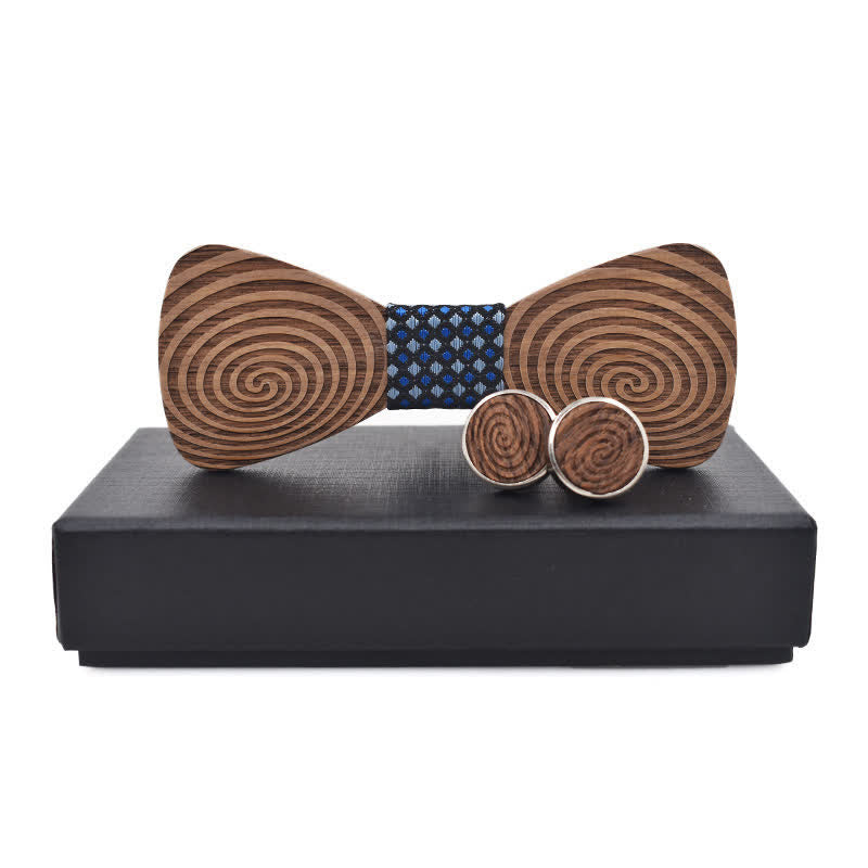 2Pcs Men's Hypnosis Swirl Printing Wooden Bow Tie Set