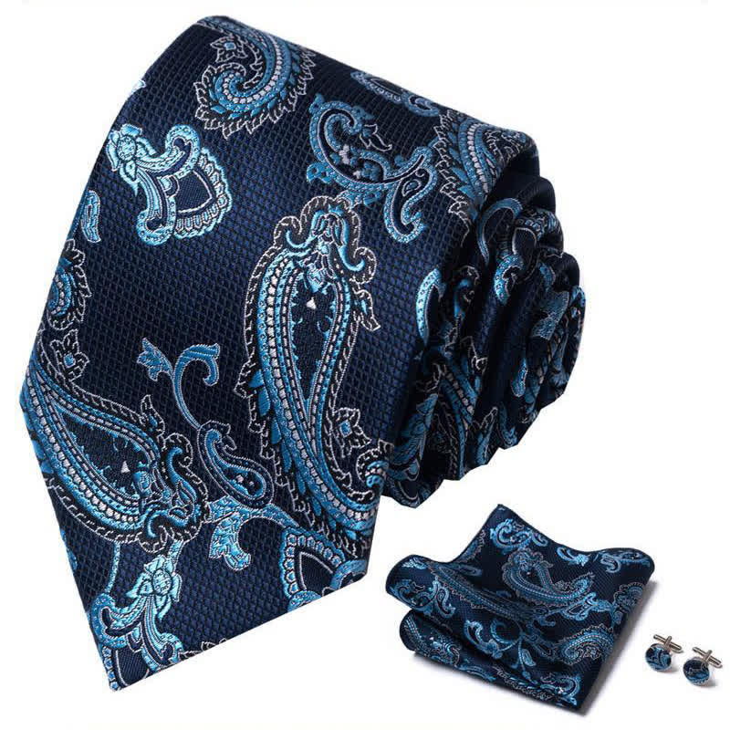 3Pcs Men's Shade of Blue Paisley Necktie Set