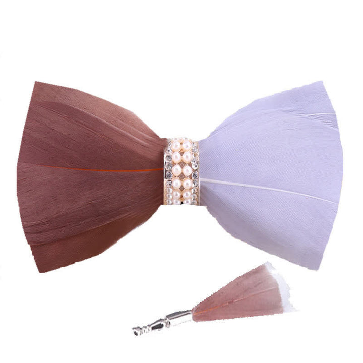 Brown & White Shiny Pearl Feather Bow Tie with Lapel Pin