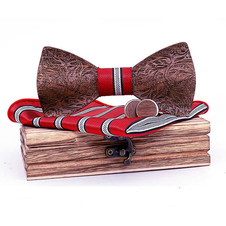 3Pcs Men's Black Walnut Paisley Wooden Bow Tie Set