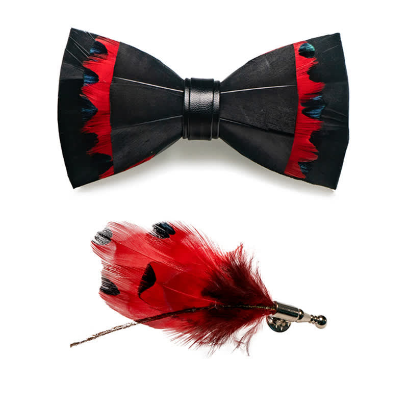 Black & Red Swan Feather Bow Tie with Lapel Pin