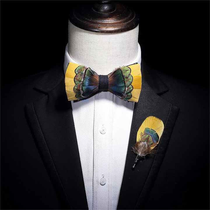 Bright Yellow & Green Peacock Feather Bow Tie with Lapel Pin