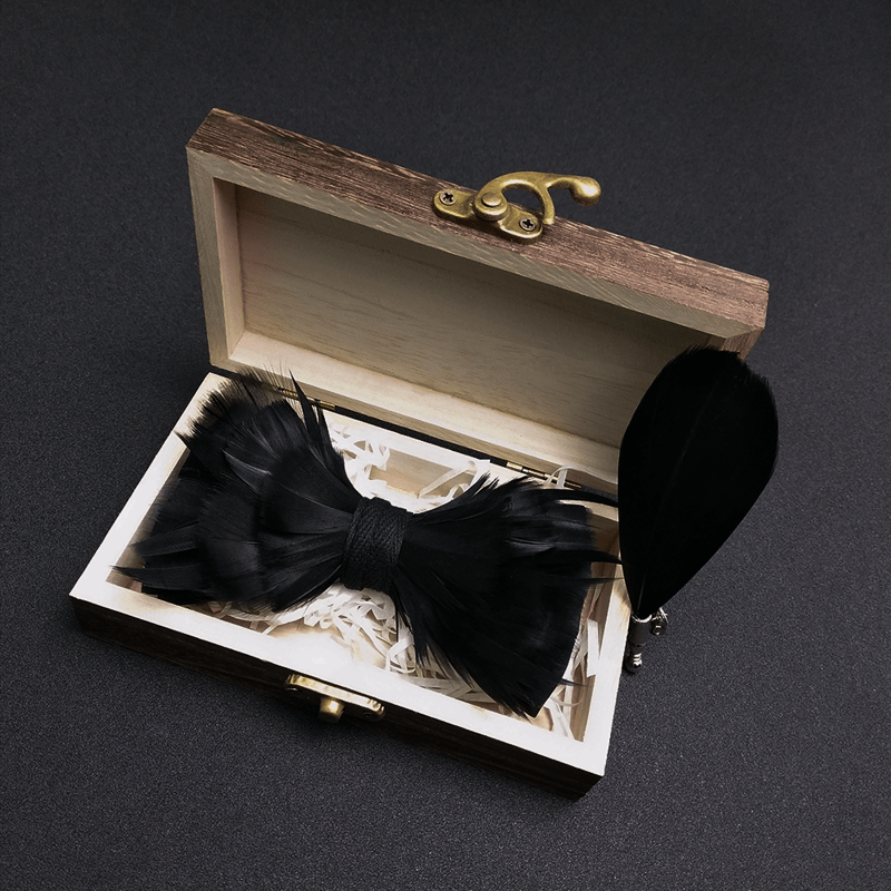 Solid Black Feather Bow Tie with Lapel Pin - image 1