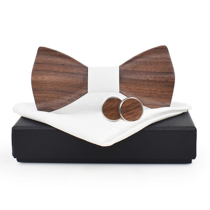 3Pcs Men's Plain Checkered Wooden Bow Tie Set