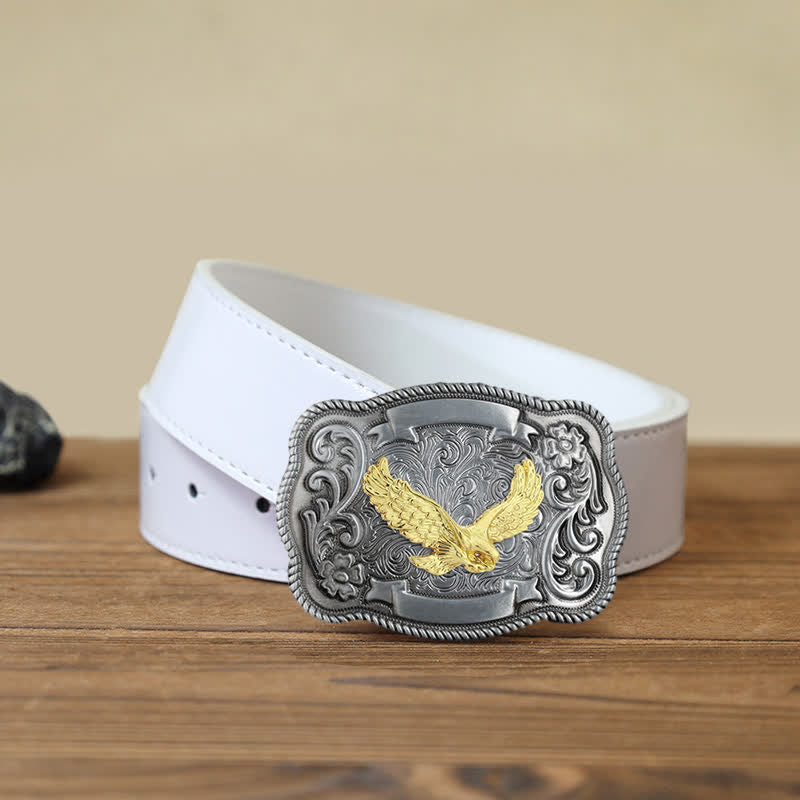 Men's DIY Gold Carving Animal Buckle Leather Belt - Eagle - White PU Belt (40) - image 13