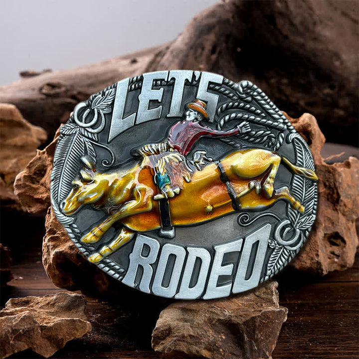 Men's DIY Let's Rodeo Enamel Bull Buckle Leather Belt