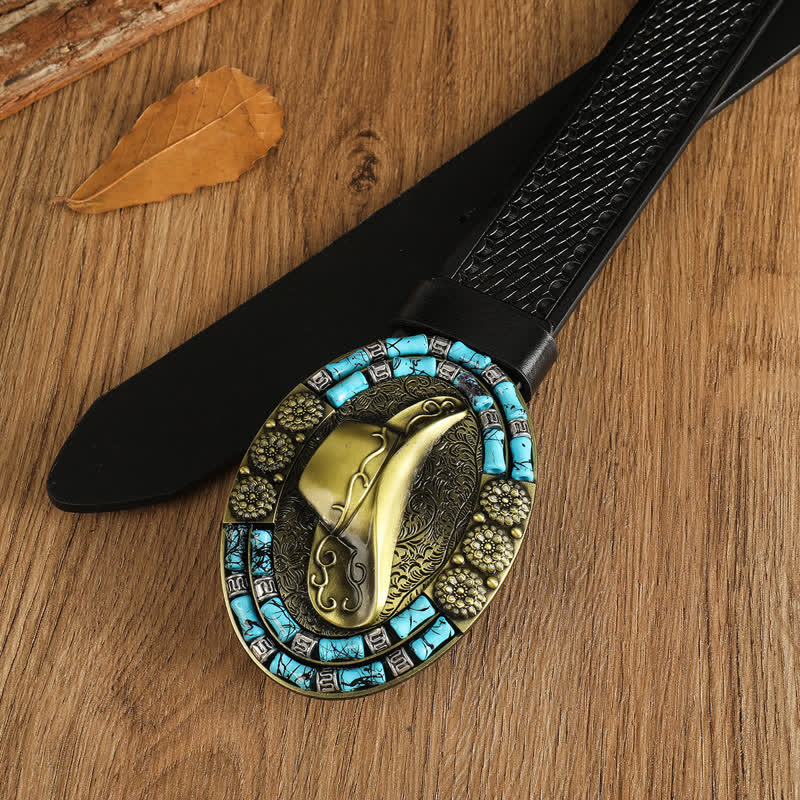 Men's Cowboy Gold Hat Turquoise Decor Leather Belt