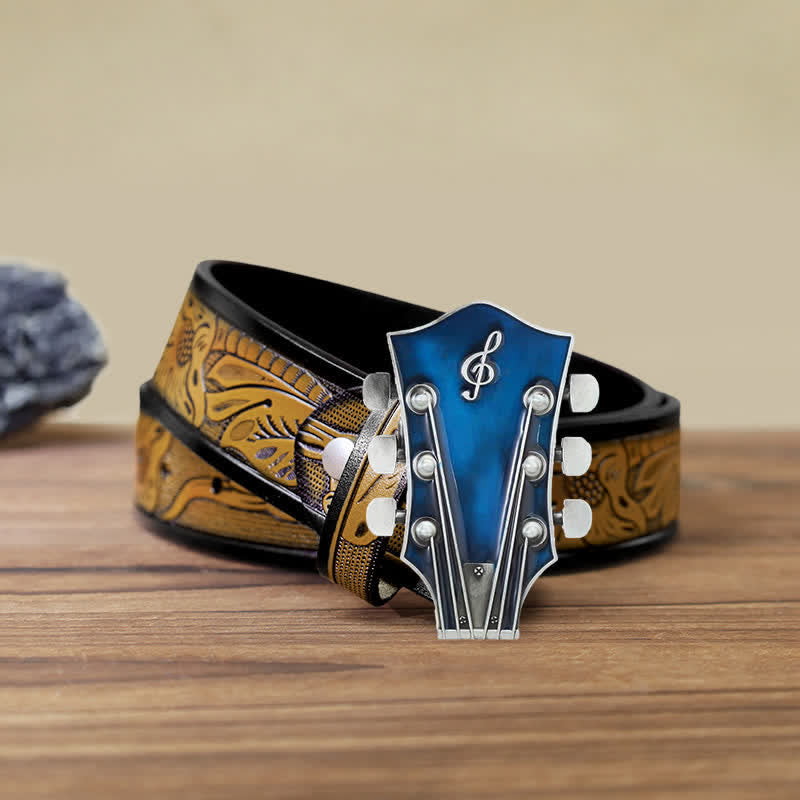 Men's DIY Musical Guitar Headstock Buckle Leather Belt