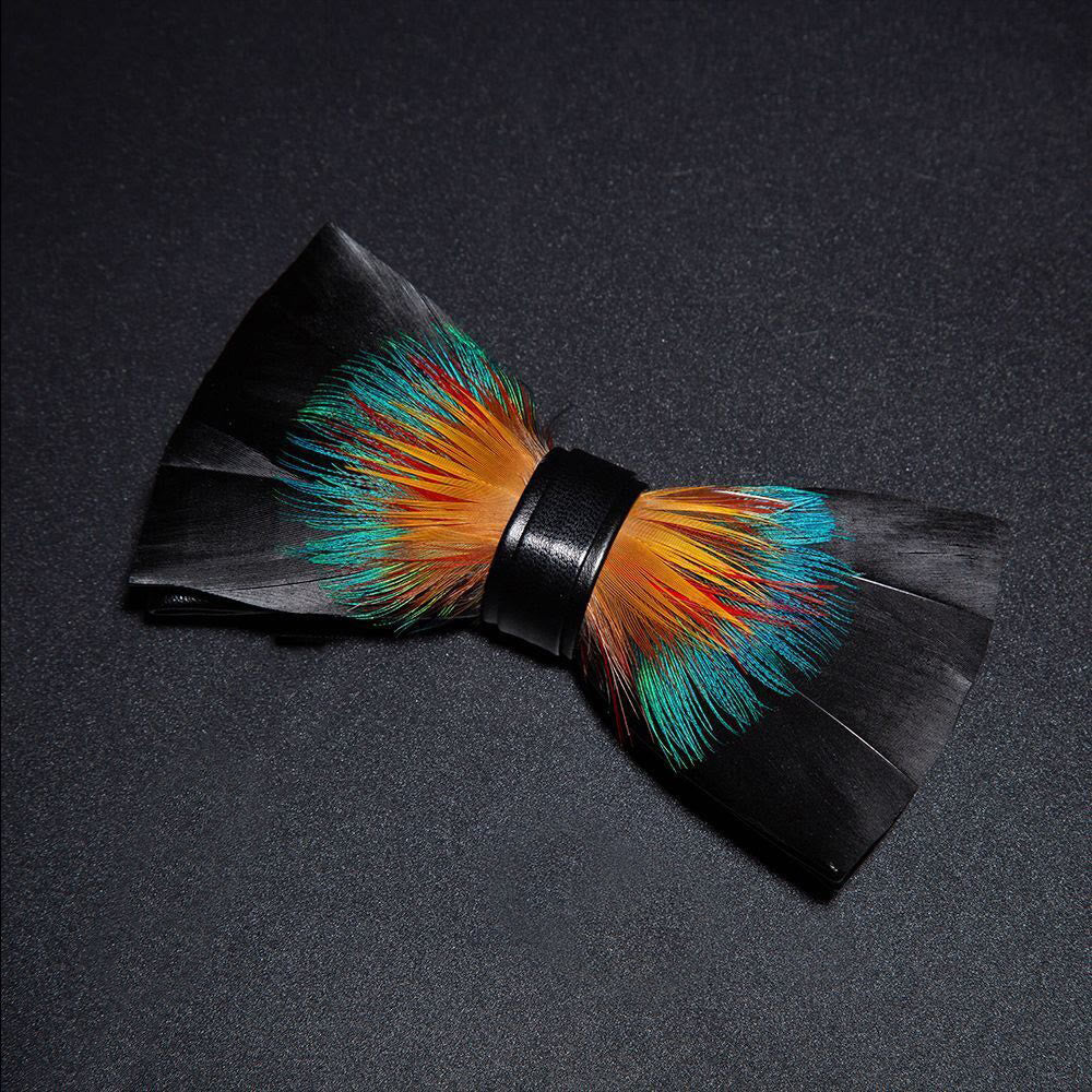 Black & Orange Noble Feather Bow Tie with Lapel Pin