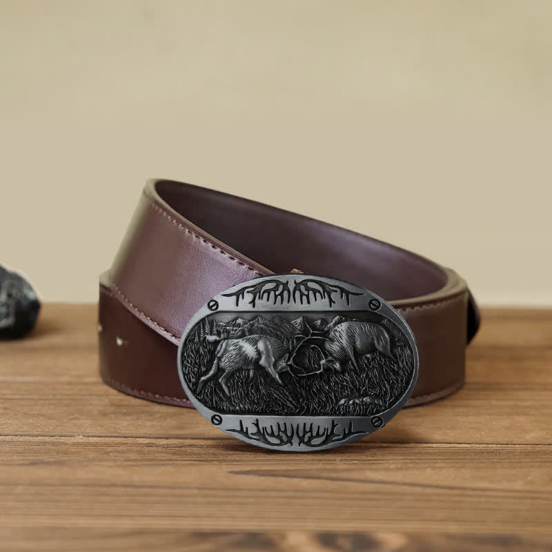 Men's DIY Wild Fighting Deer Buckle Western Leather Belt