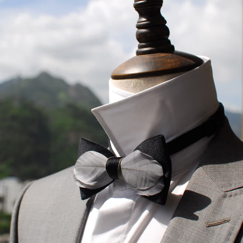 Gray & Black Velvet Feather Bow Tie