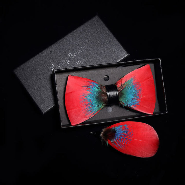 Exotic Red & Blue Feather Bow Tie with Lapel Pin