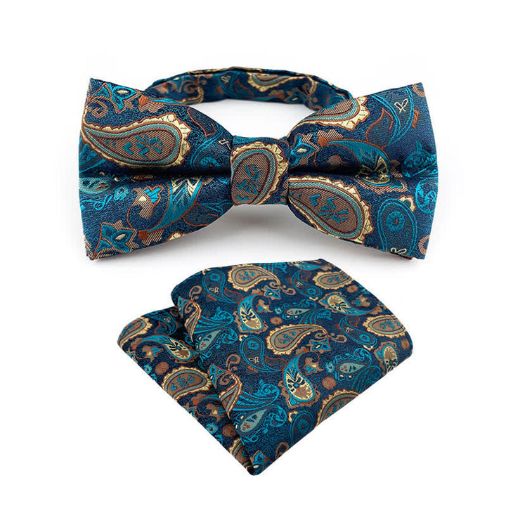 2Pcs Men's Flowery Paisley Bow Tie Pocket Square Set