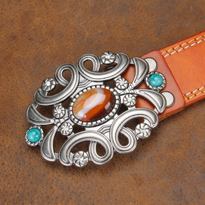 Unisex Agate Stone Turquoise Hollow Flower Leather Belt