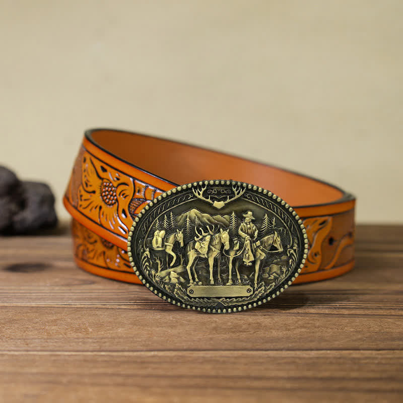 Men's DIY Cowboy Knight Leading Horse Buckle Leather Belt