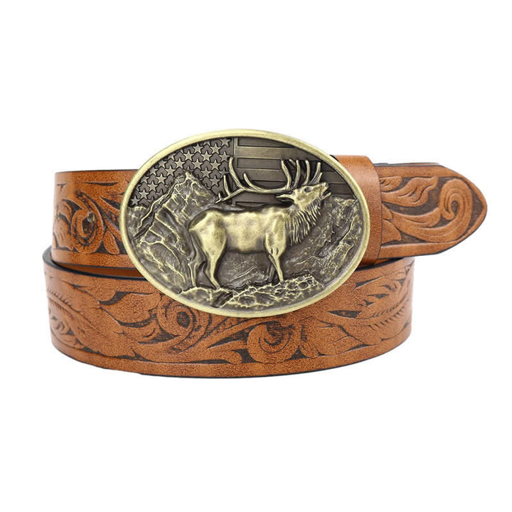 Men's Vintage Carved Deer American Flag Leather Belt