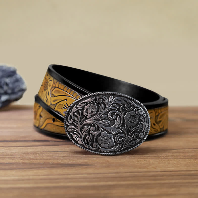 Men's DIY Classical Floral Oval Buckle Leather Belt