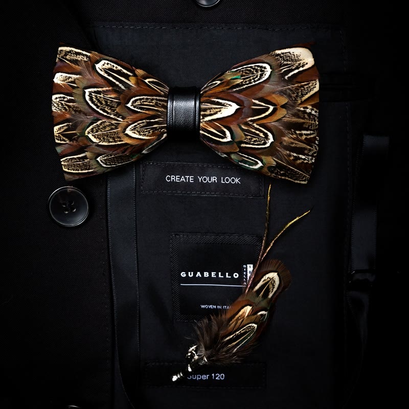 Kid's Brown Pheasant Feather Bow Tie with Lapel Pin