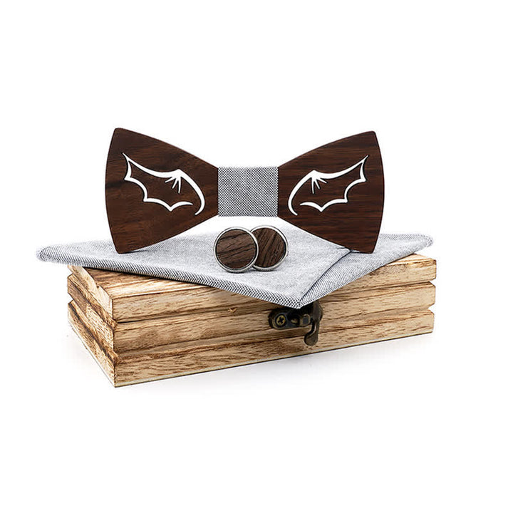 3Pcs Men's Demon Wings Wooden Bow Tie Set