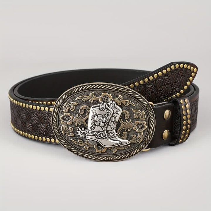 Men's Retro Silver Boots Oval Buckle Leather Belt