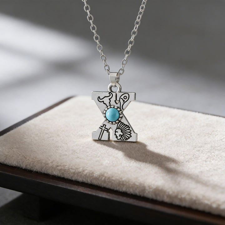Vintage Initial Letter Turquoise Charm Necklace - X - image 24