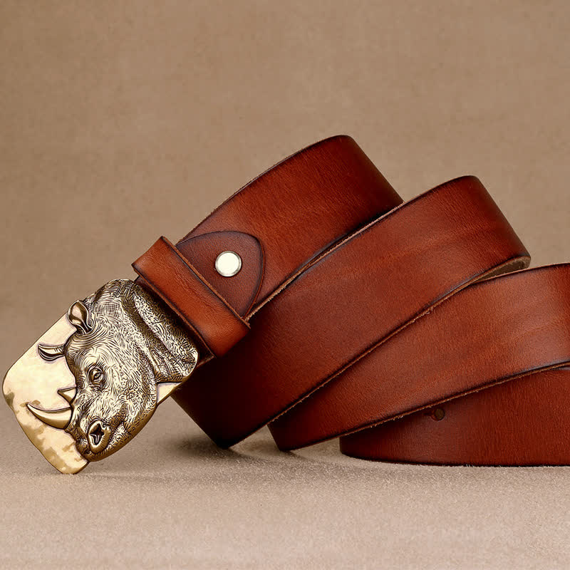 Men's Gold Rhino Plate Buckle Leather Belt