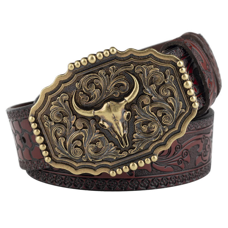 Men's Classic Floral Bull Skull Leather Belt