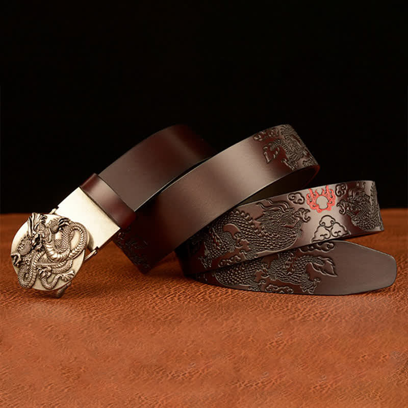 Men's Flame Dragon Round Automatic Buckle Leather Belt