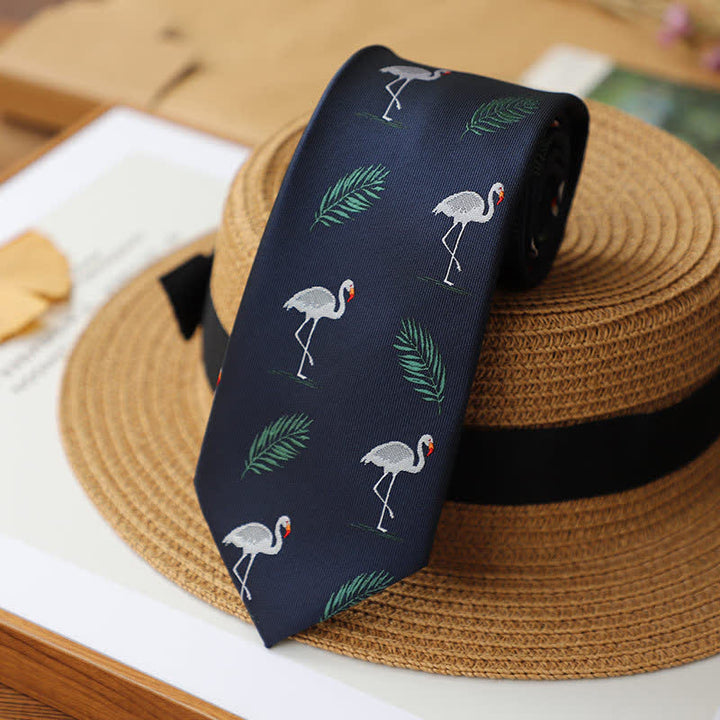 Men's Navy Blue Tropical Style Flamingo Necktie