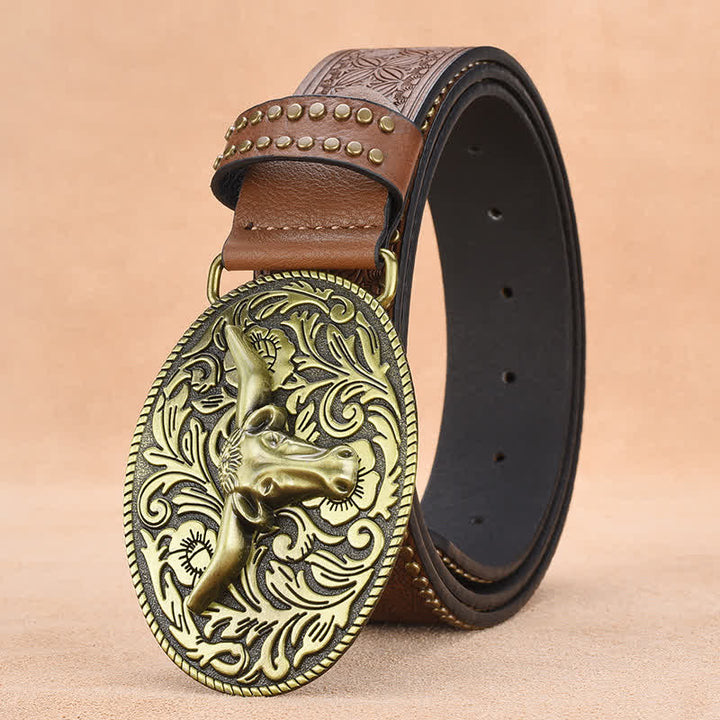 Men's Bull Head Rivet Embossed Leather Belt