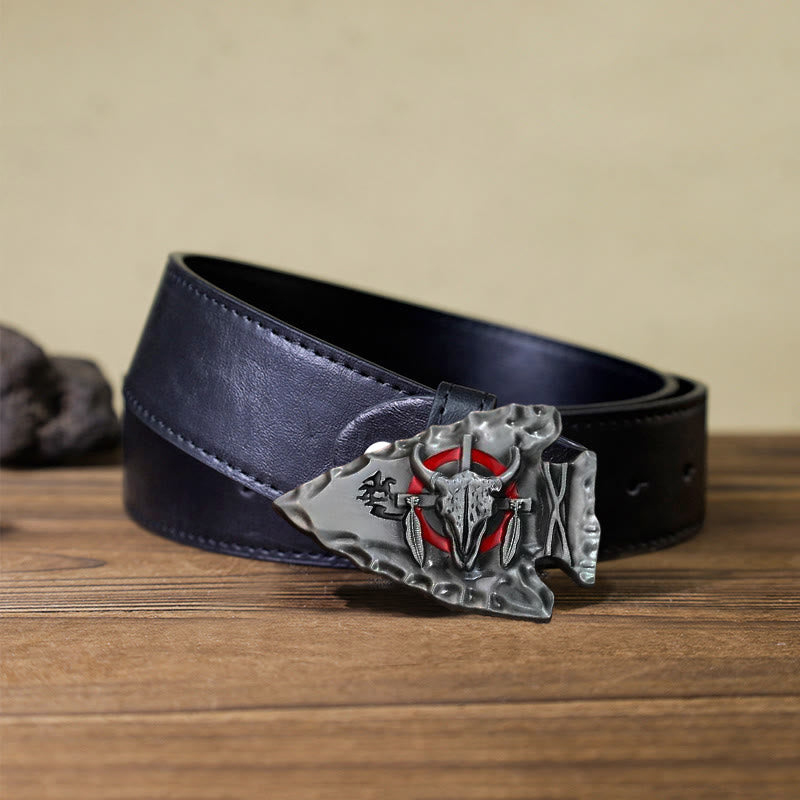 Men's DIY Arrowhead Shaped Bull Buckle Leather Belt