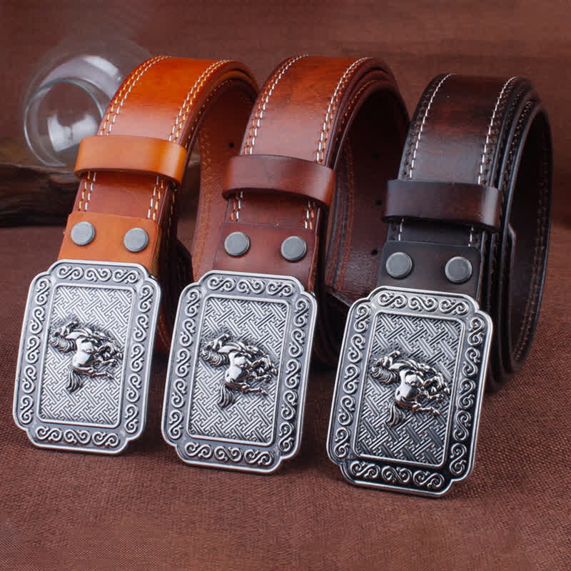 Men's Ethnic Cowboy Silver Horse Leather Belt