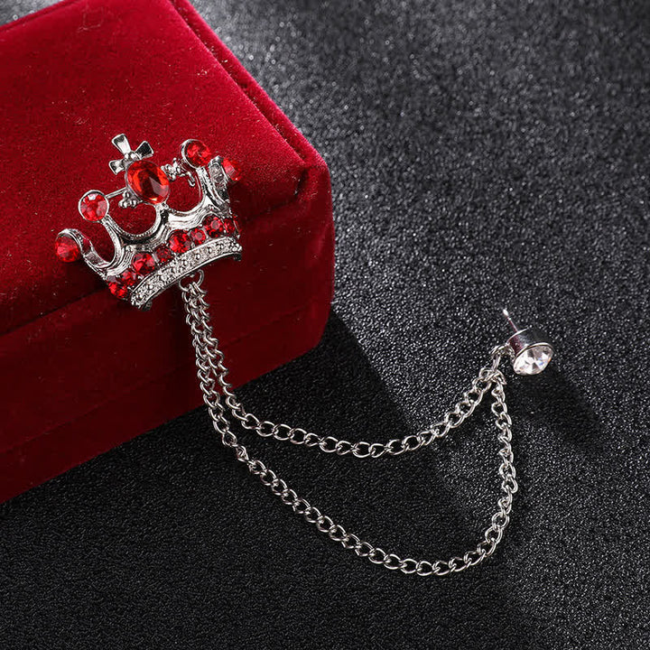Men's Retro Crown Chain Rhinestones Brooch - Silver & Red - image 10