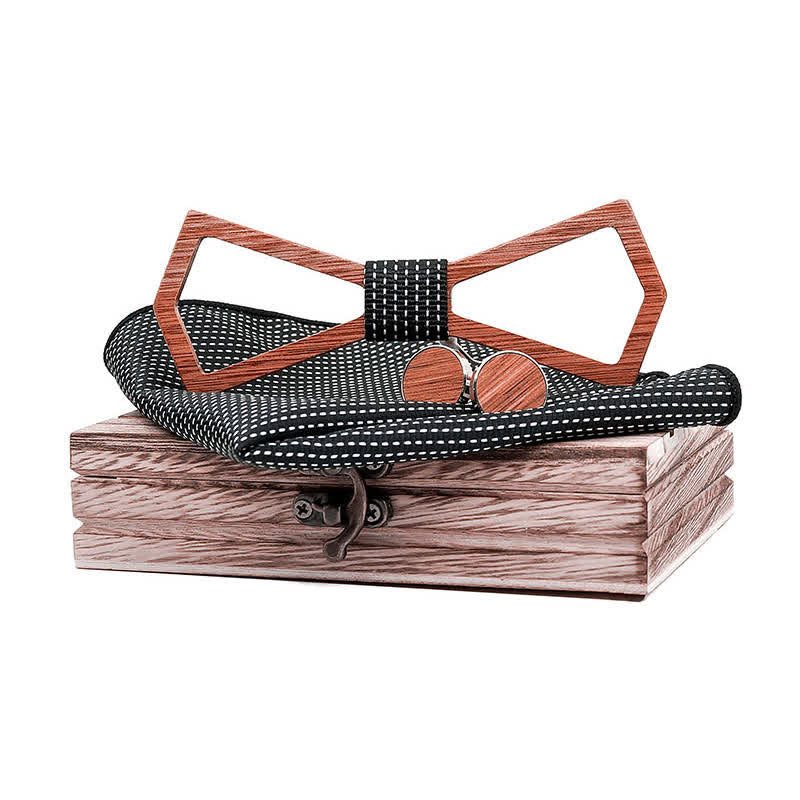 3Pcs Men's Hollow Carved Design Wooden Bow Tie Set