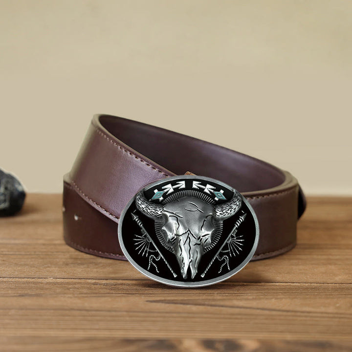 Men's DIY Indian Theme Bull Skull Buckle Leather Belt