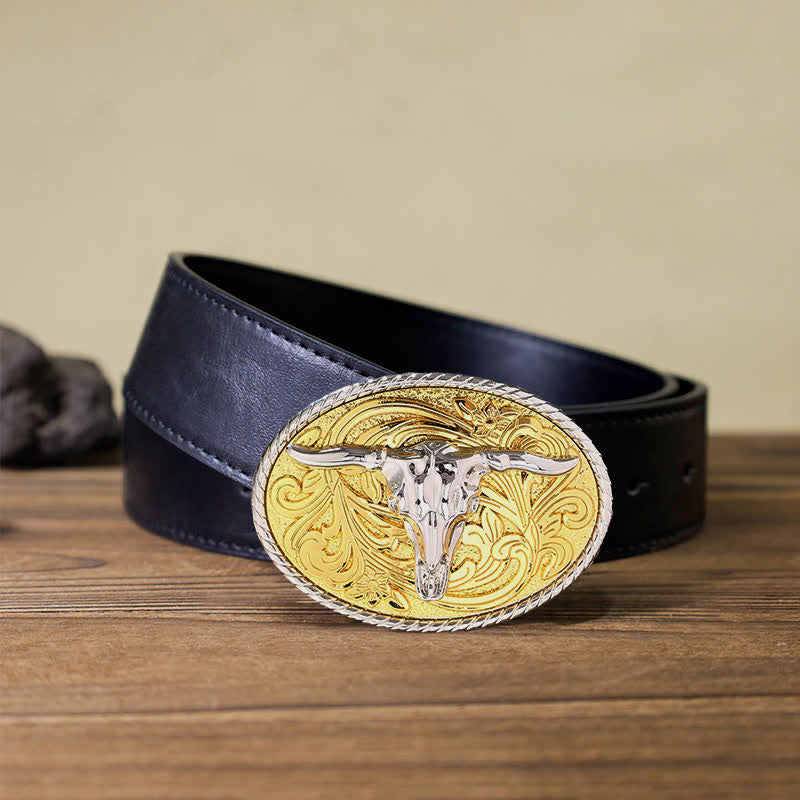 Men's DIY Shining Golden Bull Head Buckle Leather Belt