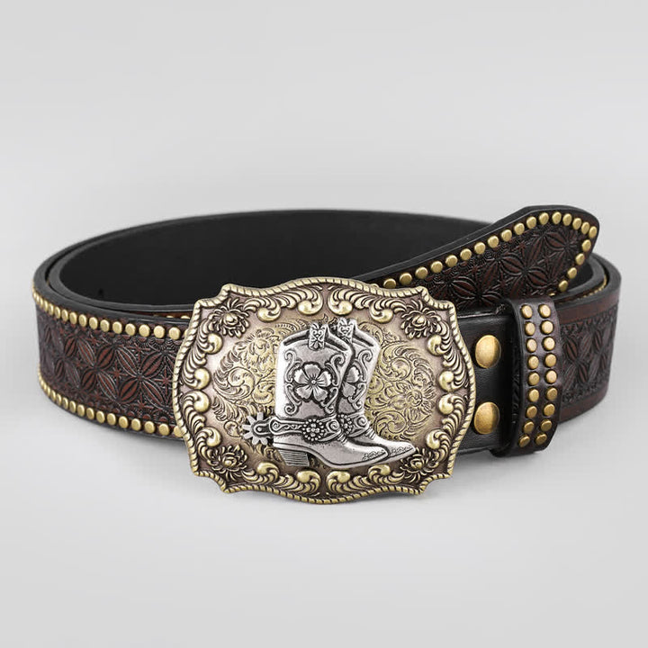 Men's Cowboy Shoes Studded Decor Leather Belt