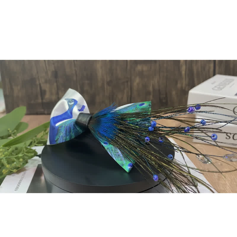 Blue Peacock Tail Beaded Feather Bow Tie