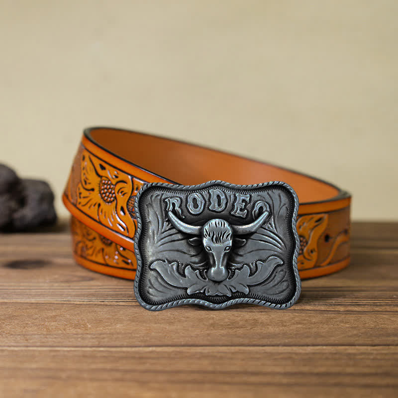 Men's DIY Silver Longhorn Bull Rodeo Buckle Leather Belt