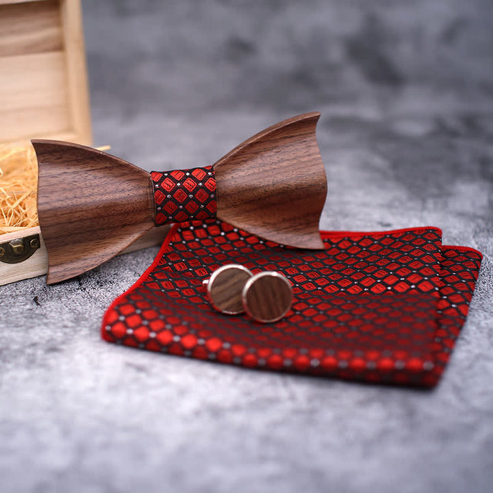 3Pcs Men's 3D Black Walnut Wooden Bow Tie Set