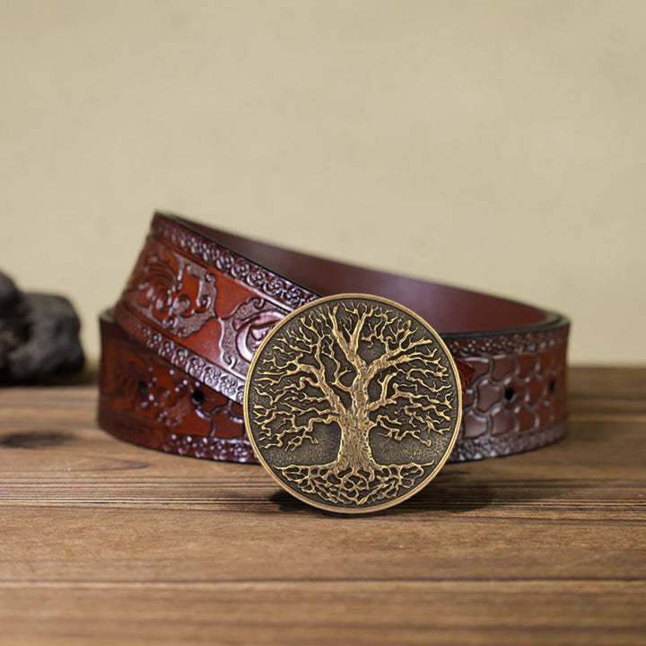 Men's DIY Tree of Life Round Buckle Leather Belt