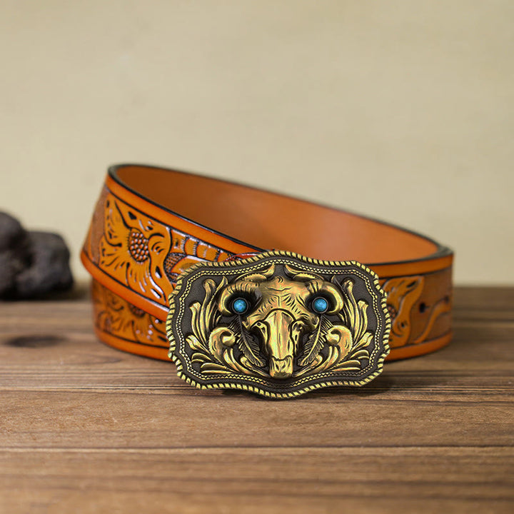 Men's DIY Goat Skull Turquoise Buckle Leather Belt