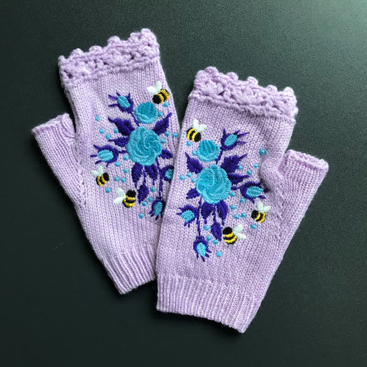 Women's Flower Embroidered Half Finger Knit Gloves