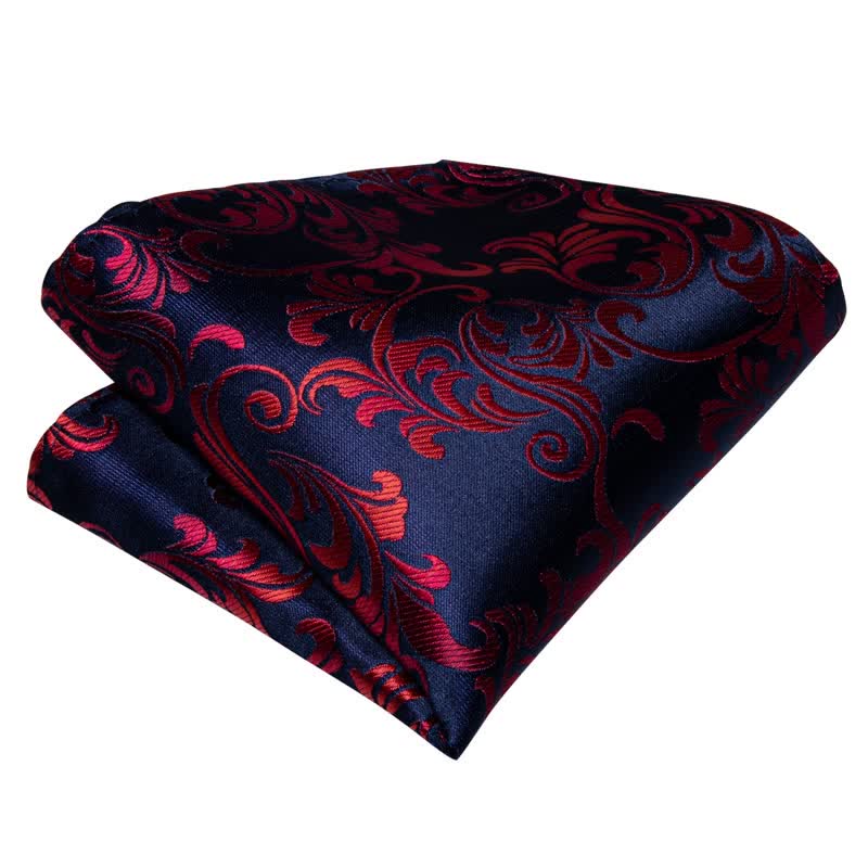 2Pcs Men's Red & Navy Floral Bow Tie Pocket Square Set